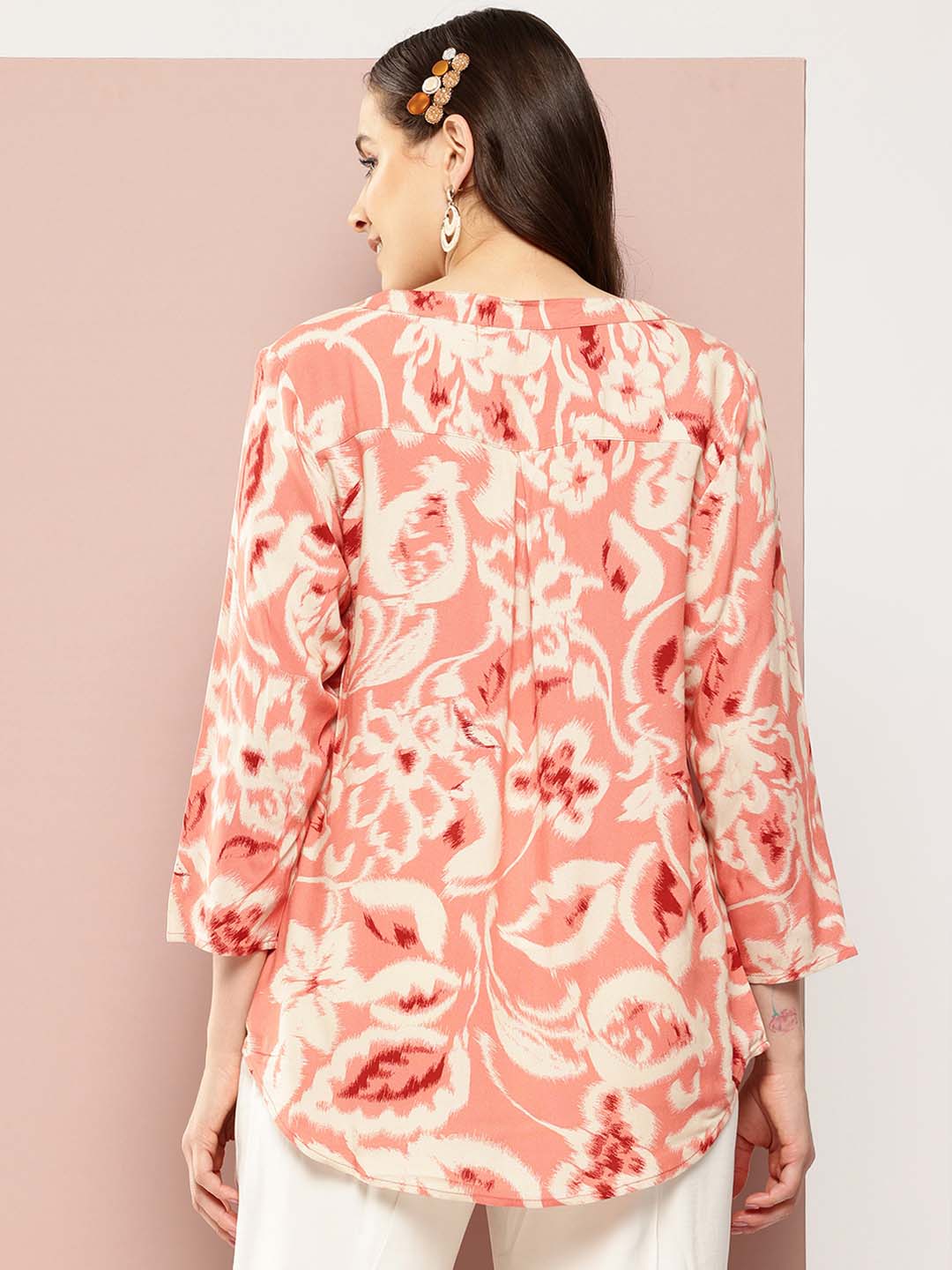 Peach floral half-placket mandarin collar top