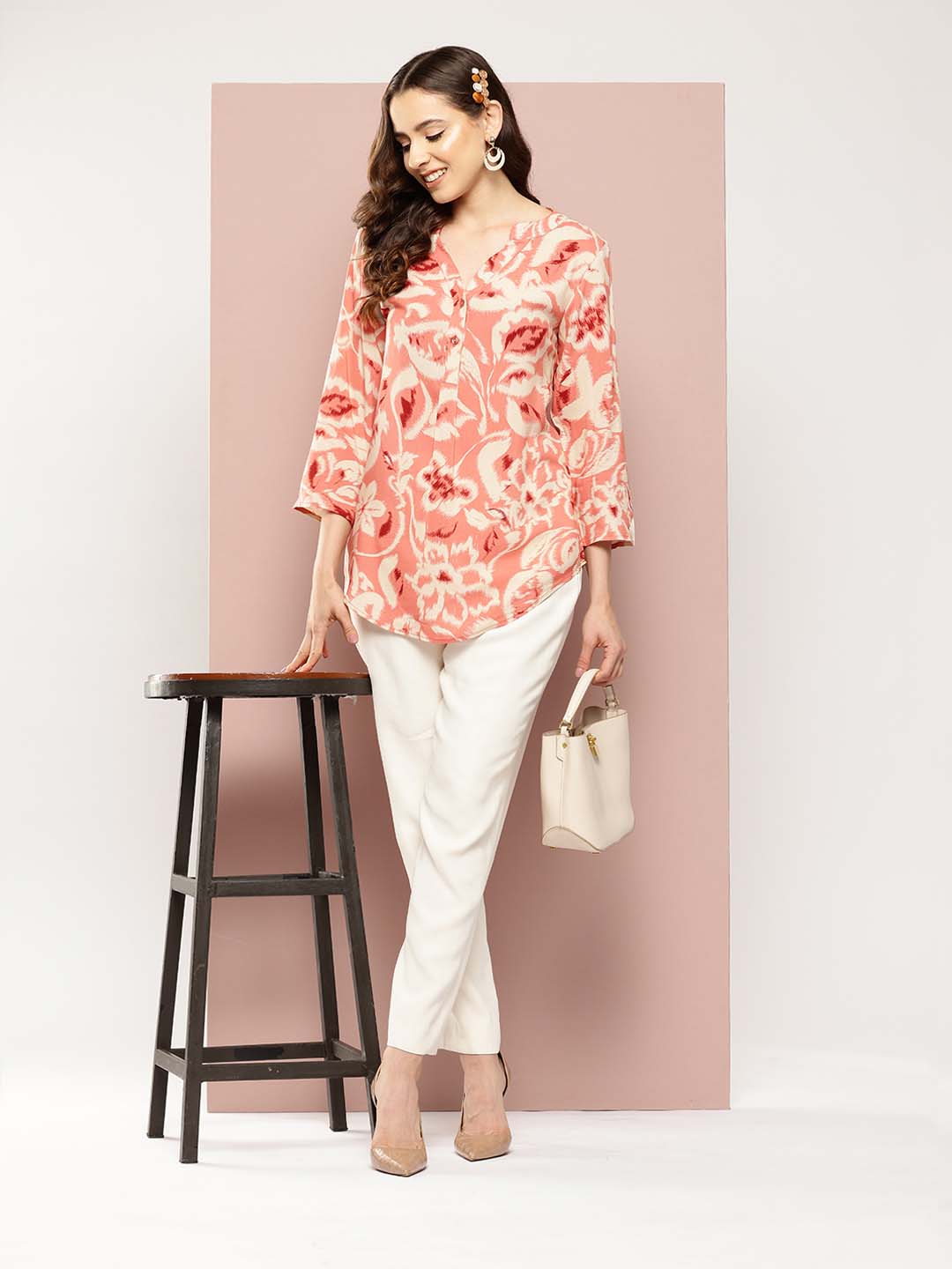 Peach floral half-placket mandarin collar top