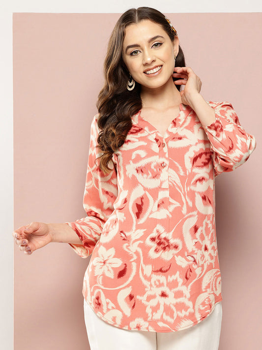 Peach floral half-placket mandarin collar top