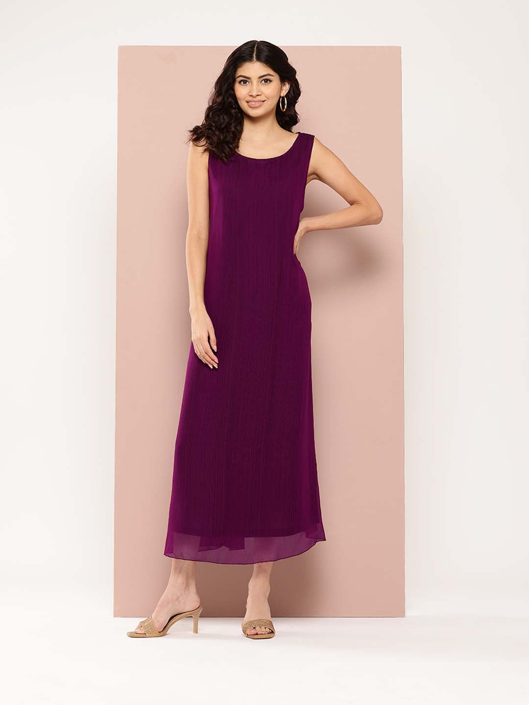 Wine solid Georgette A-line dress