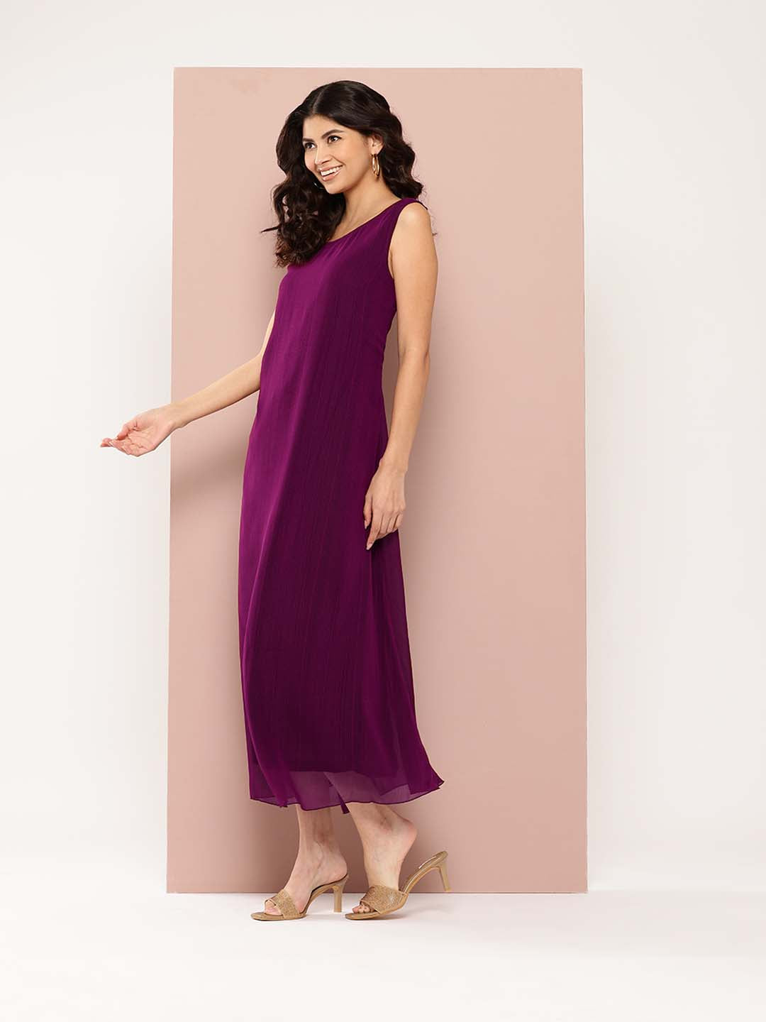 Wine solid Georgette A-line dress