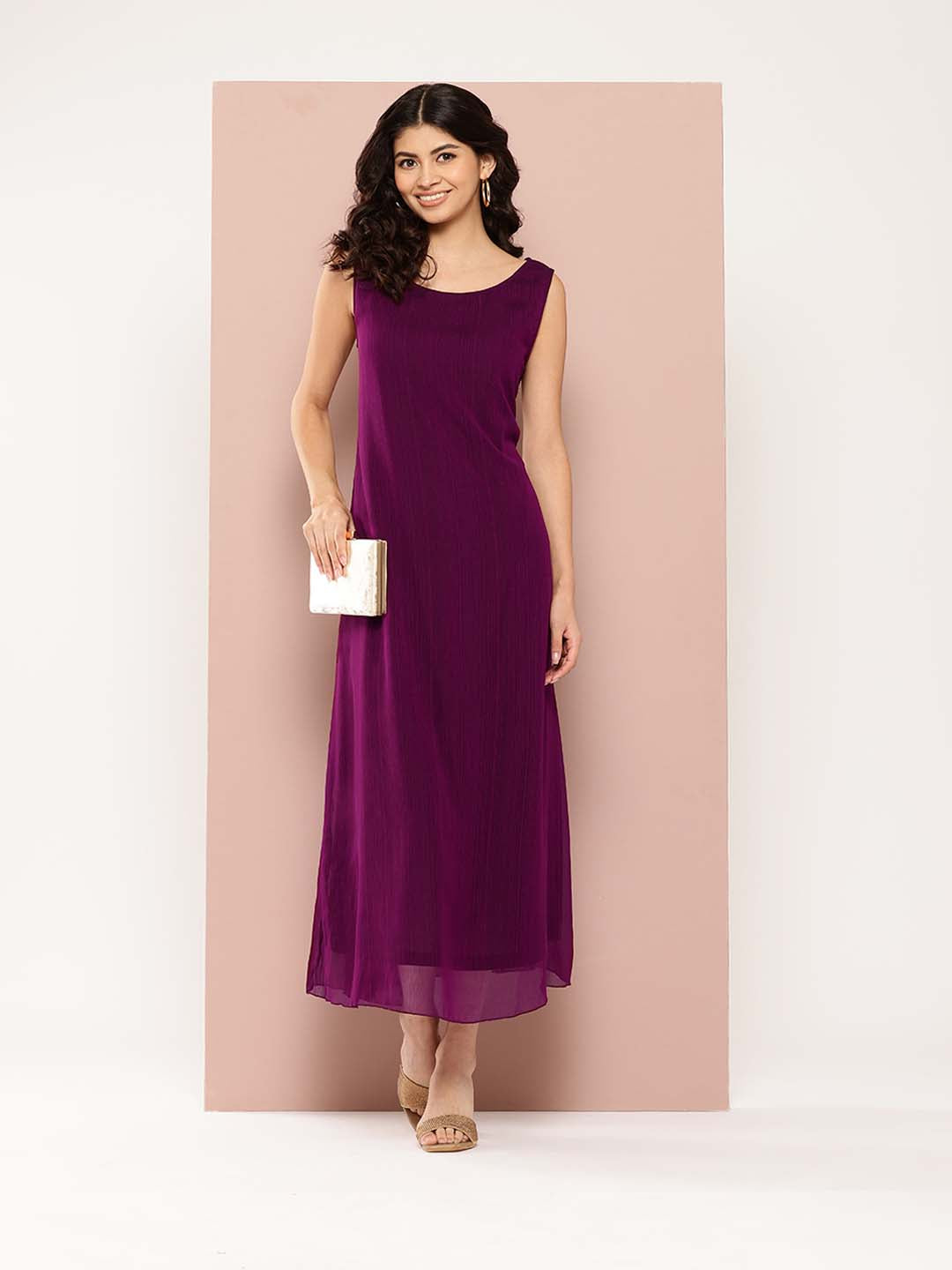 Wine solid Georgette A-line dress