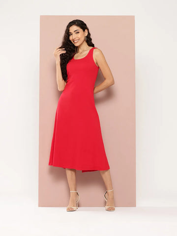 Solid Red Rib A-line dress