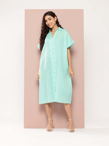 Solid Turquoise Blue cotton slub full placket oversize dress