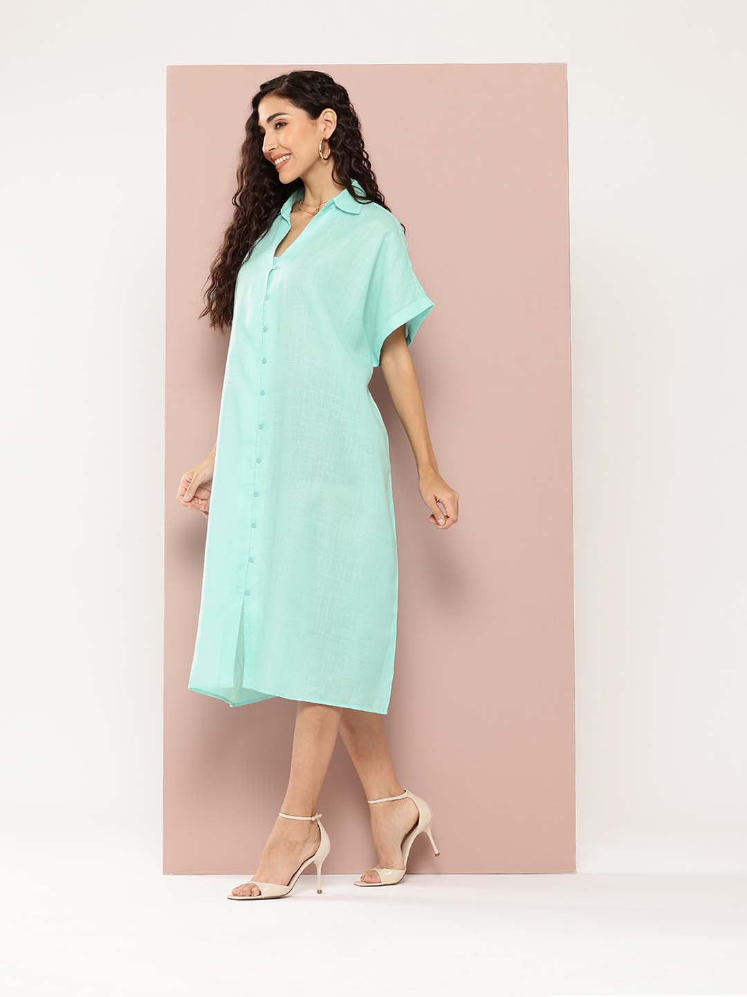 Solid Turquoise Blue cotton slub full placket oversize dress