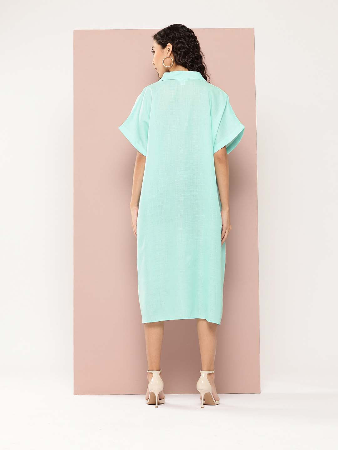 Solid Turquoise Blue cotton slub full placket oversize dress