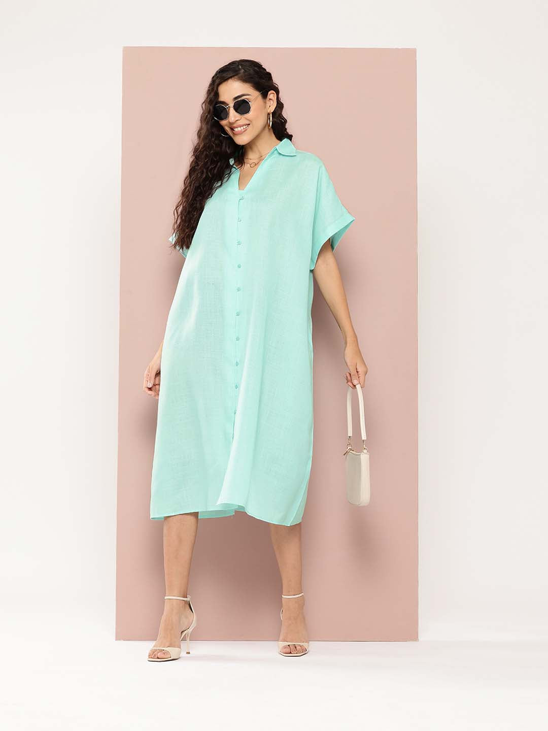 Solid Turquoise Blue cotton slub full placket oversize dress