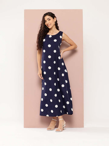 Navy and white big polka A-line dress