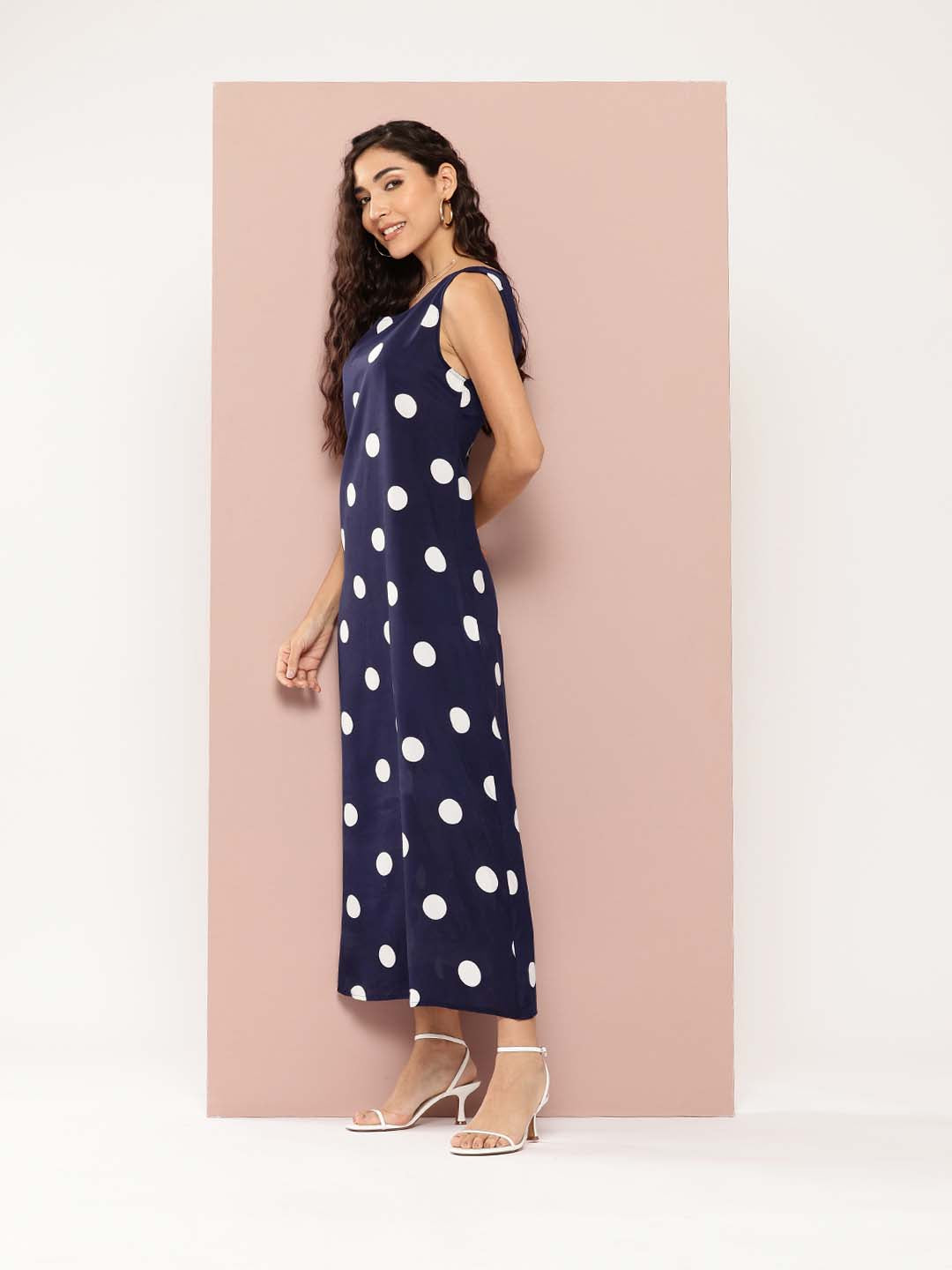 Navy and white big polka A-line dress