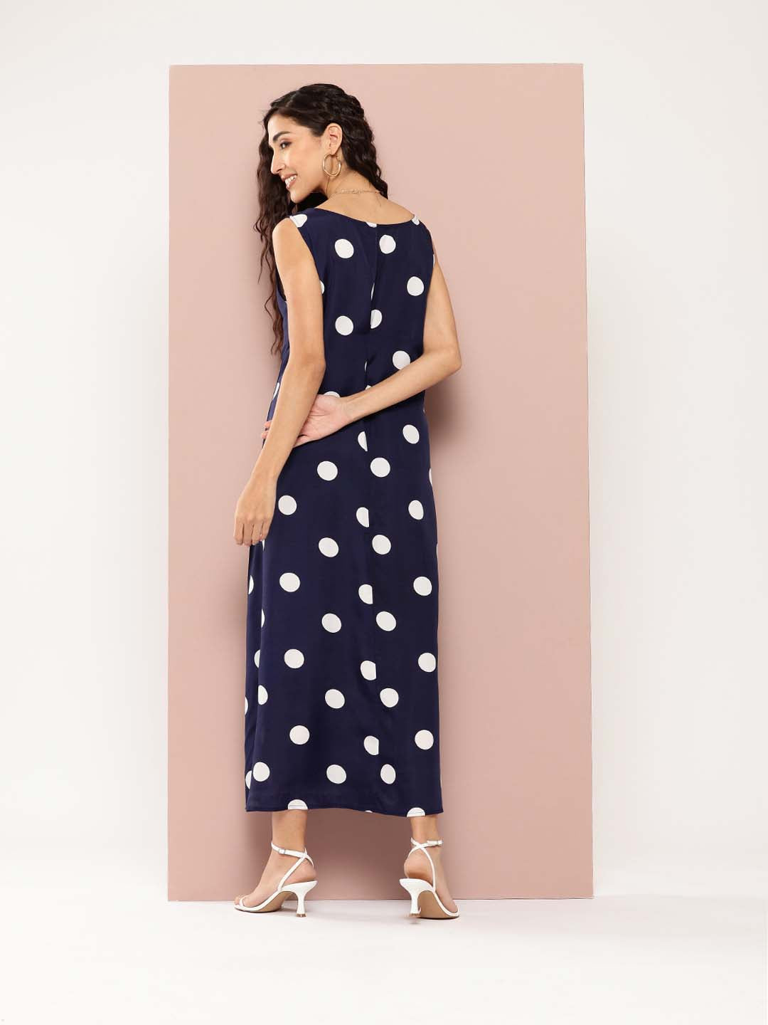 Navy and white big polka A-line dress