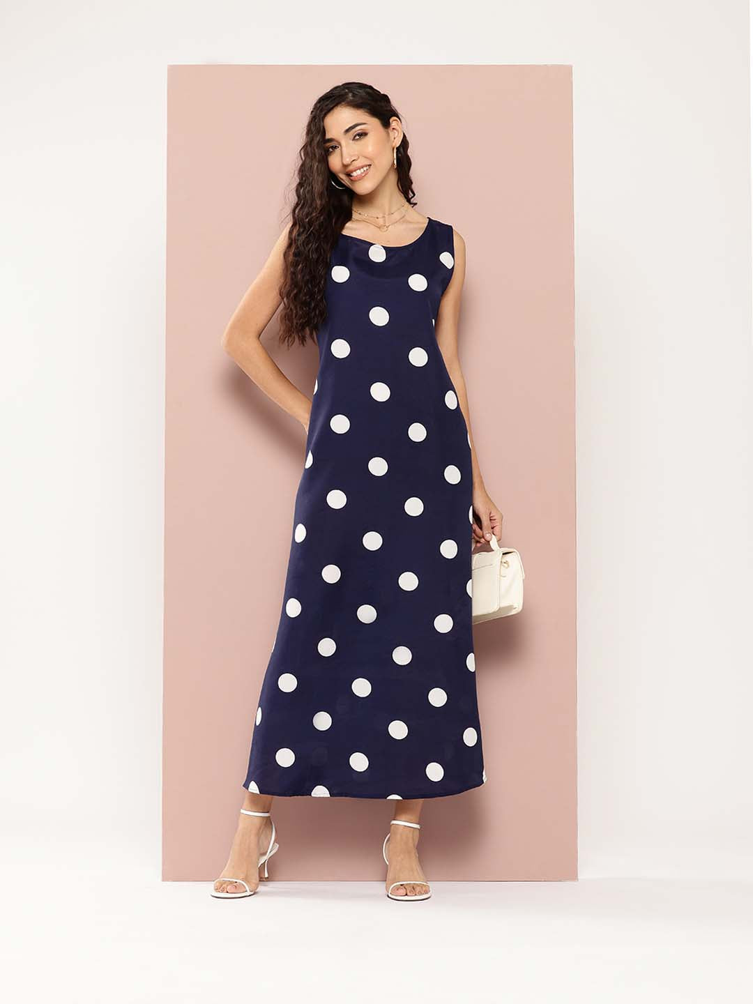 Navy and white big polka A-line dress