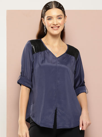 Navy Blue Top with Sequin Embellishment
