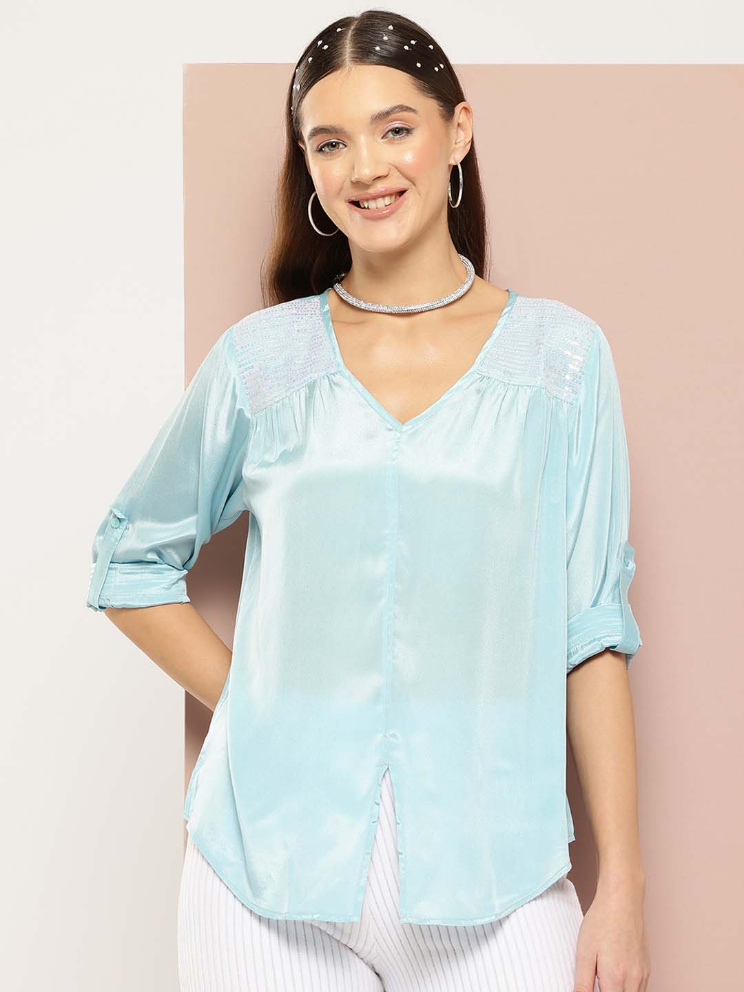 Turquoise Color Shirt with Sequin Embellishment