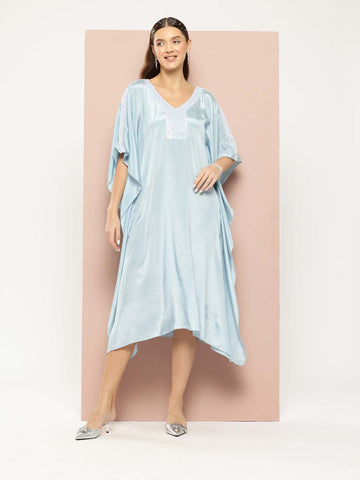 Turquoise Blue kaftan with sequin border yoke