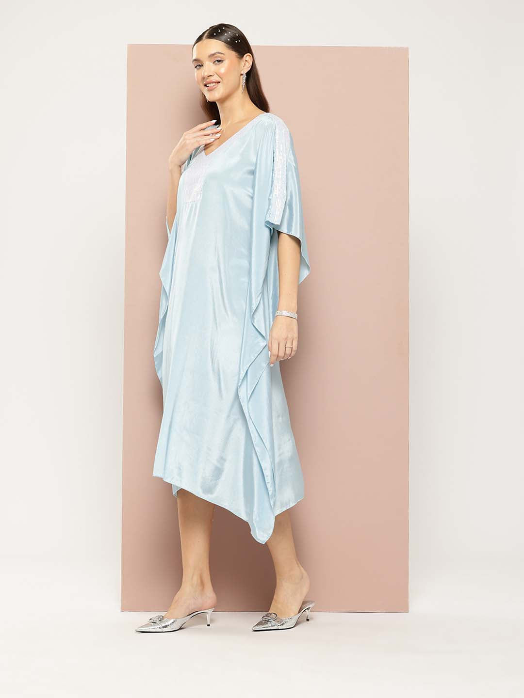 Turquoise Blue kaftan with sequin border yoke