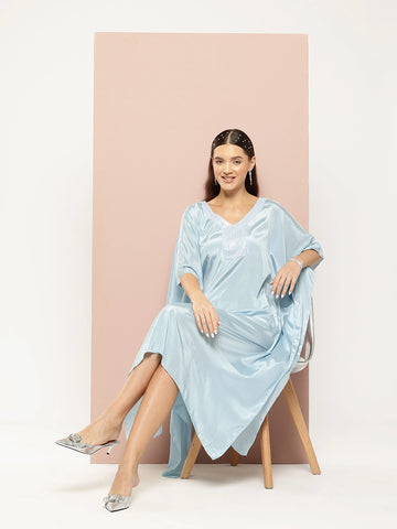 Turquoise Blue kaftan with sequin border yoke