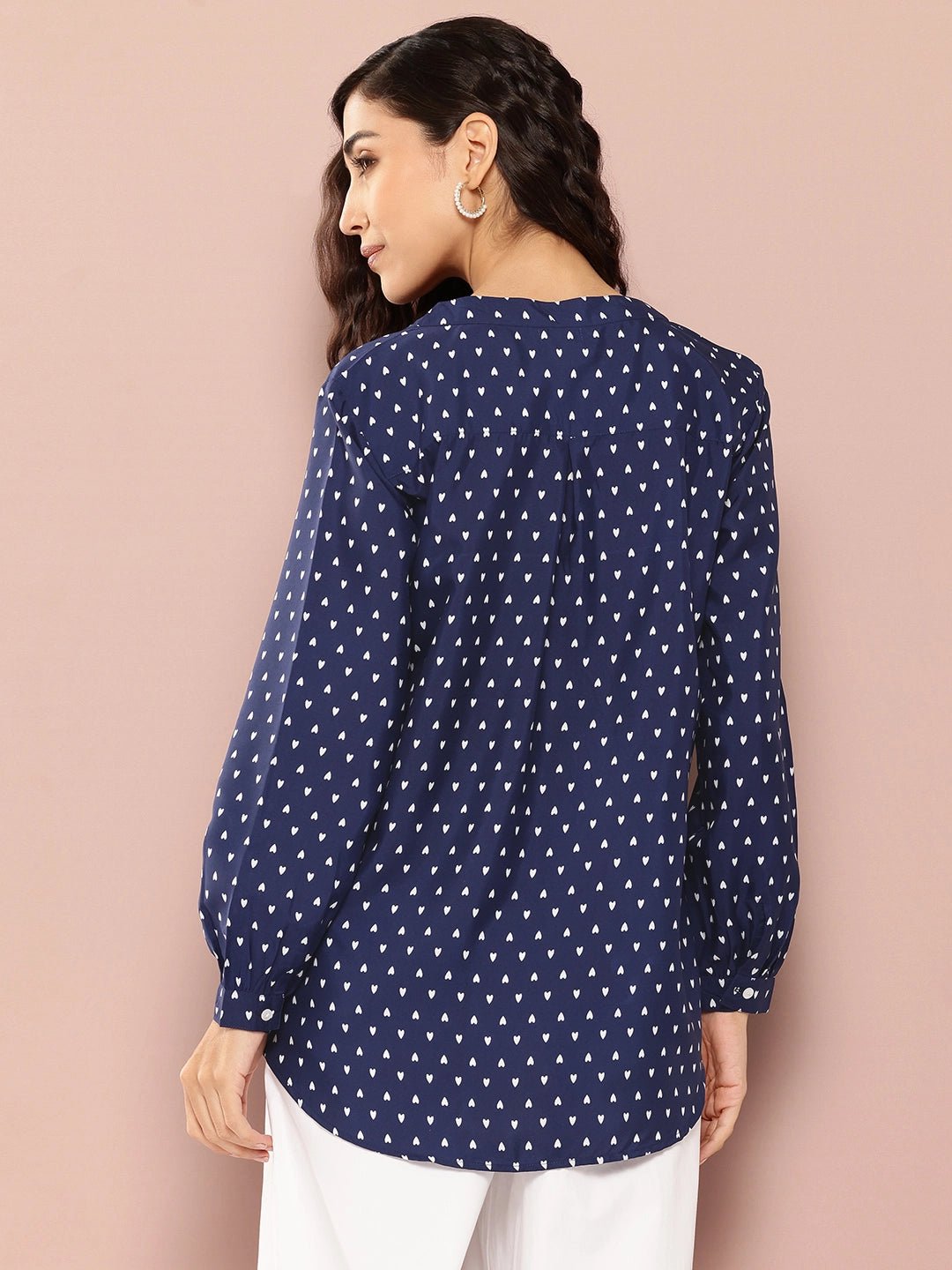 Navy and white print shirt half placket and mandarin collar.