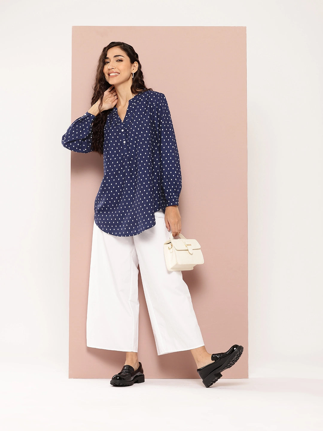Navy and white print shirt half placket and mandarin collar.