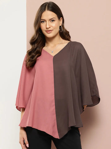 V-shape hemline color block Kimono top