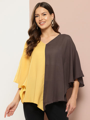 V-Shape Hemline Color Block Kimono Sleeves Top