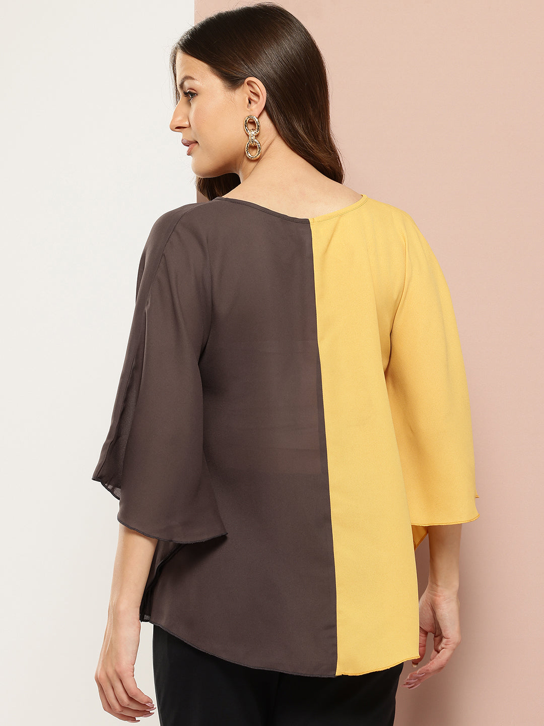 V-Shape Hemline Color Block Kimono Sleeves Top