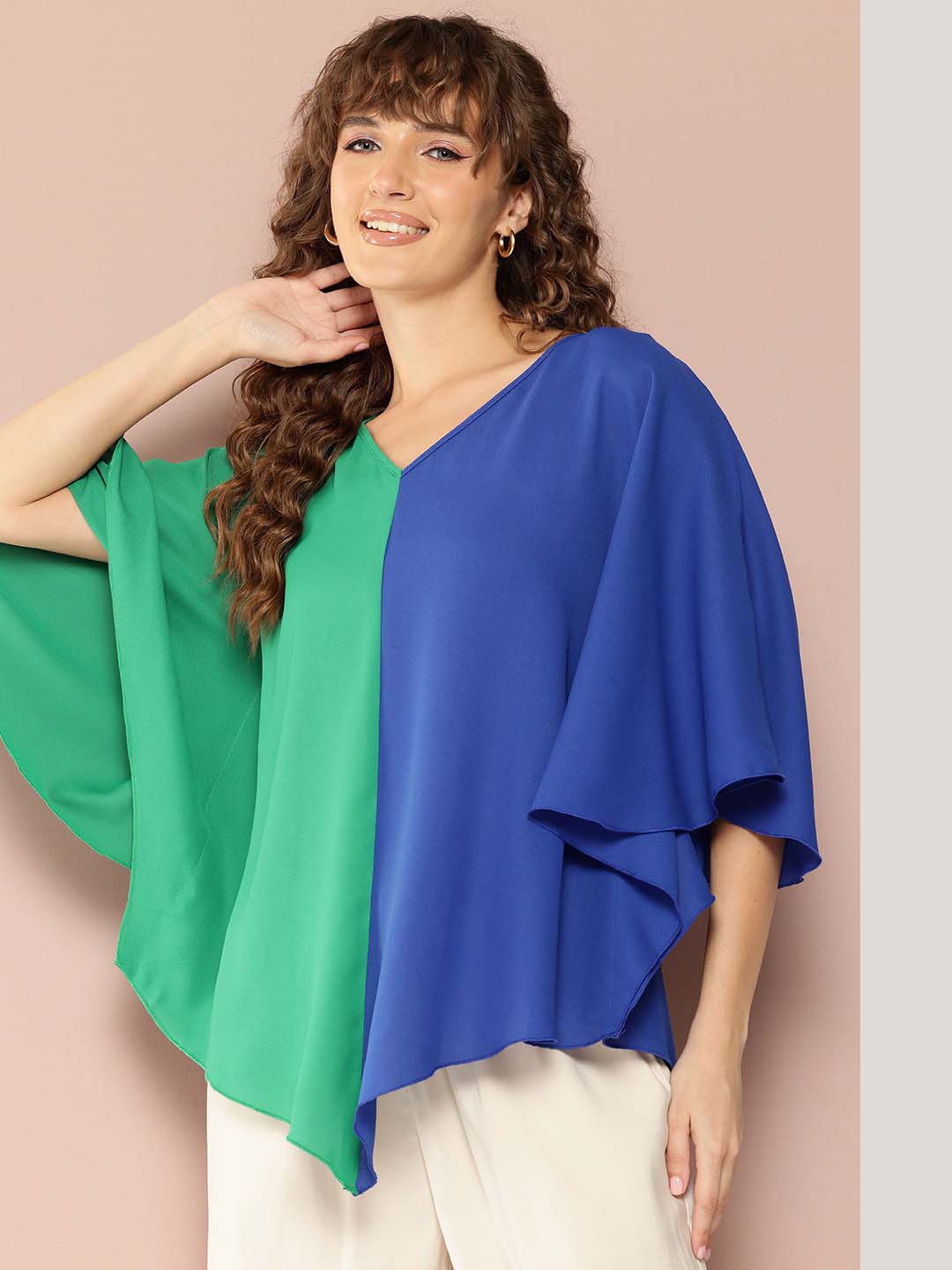 V-Shape Hemline Color Block Kimono Sleeves Top