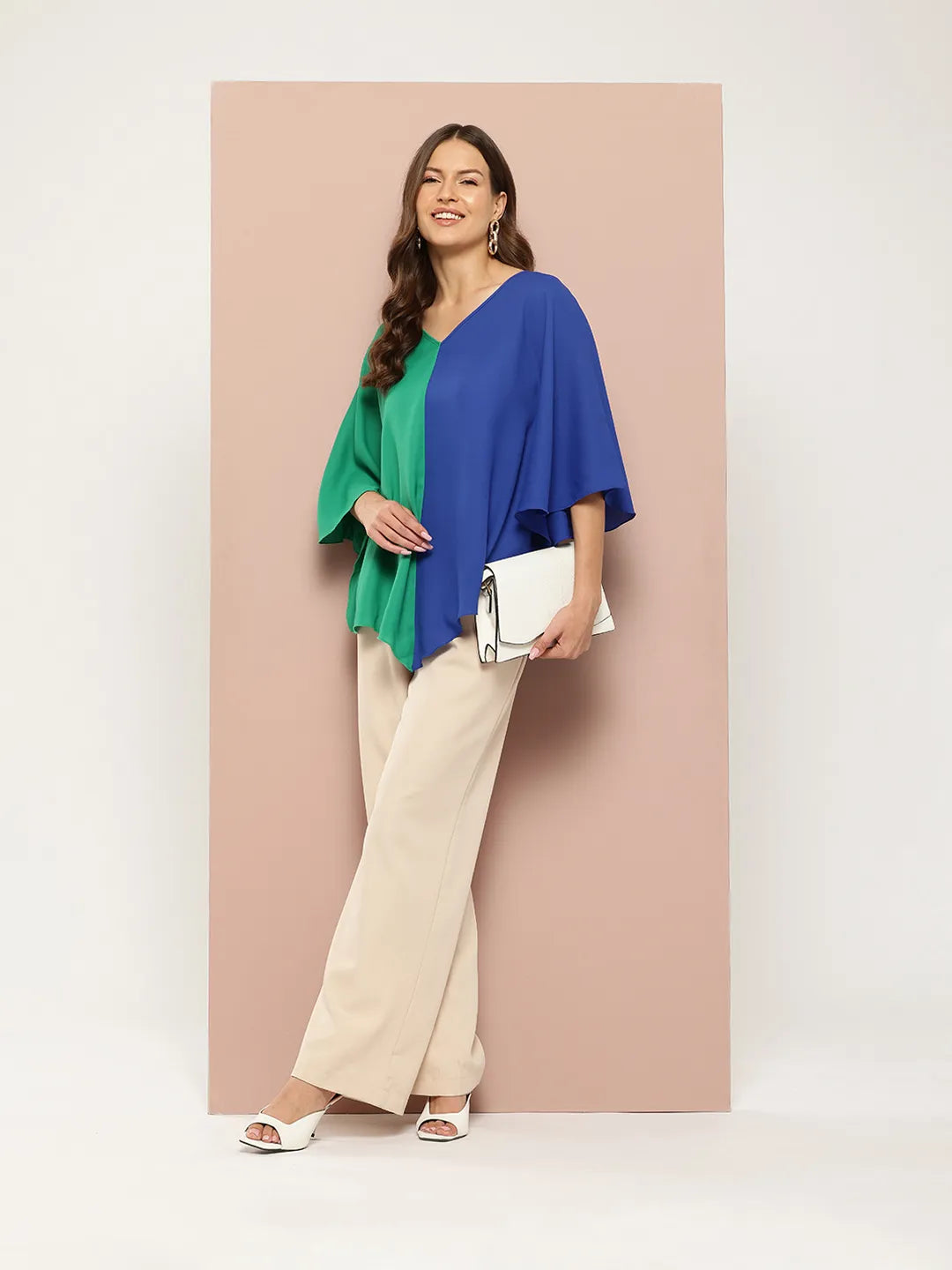 V-Shape Hemline Color Block Kimono Sleeves Top