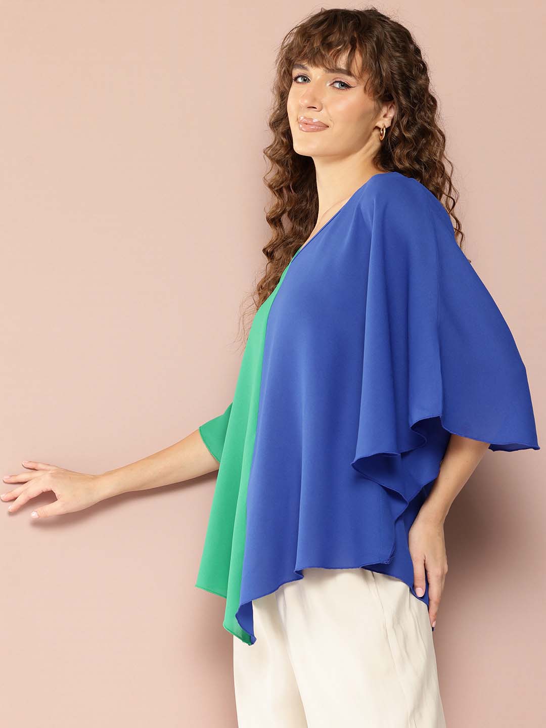 V-Shape Hemline Color Block Kimono Sleeves Top