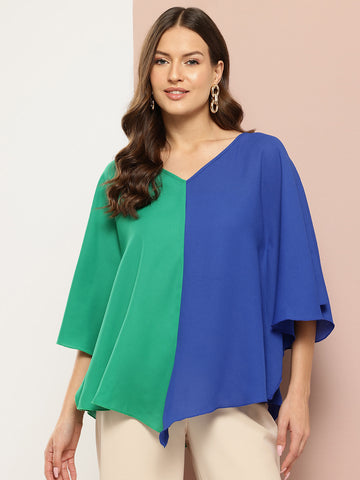 V-Shape Hemline Color Block Kimono Sleeves Top