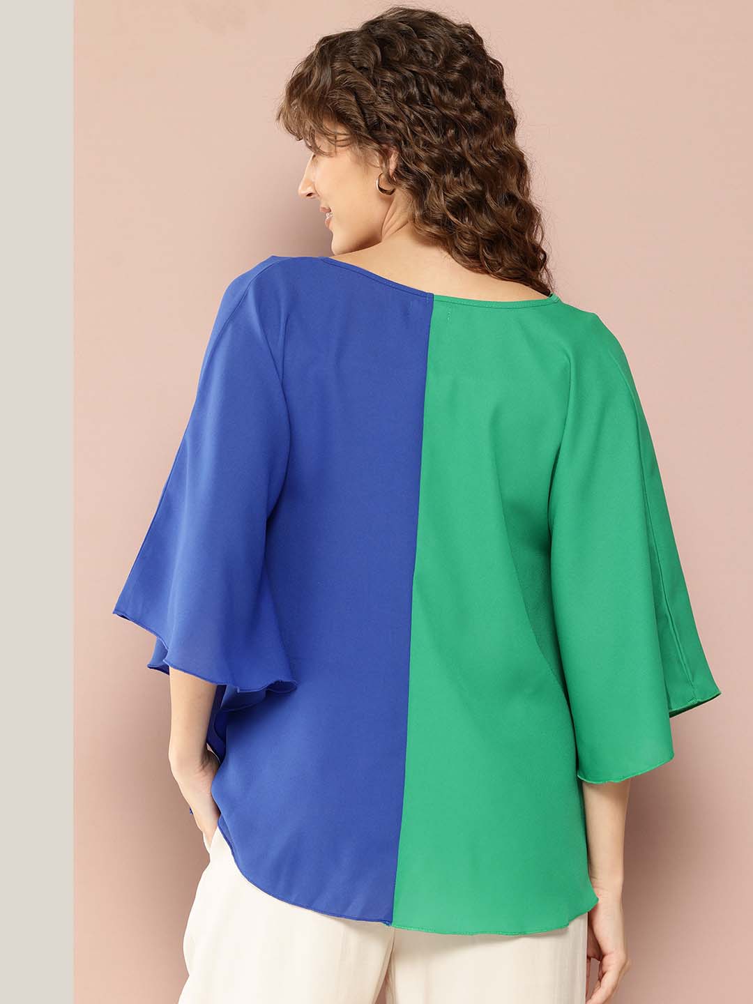 V-Shape Hemline Color Block Kimono Sleeves Top