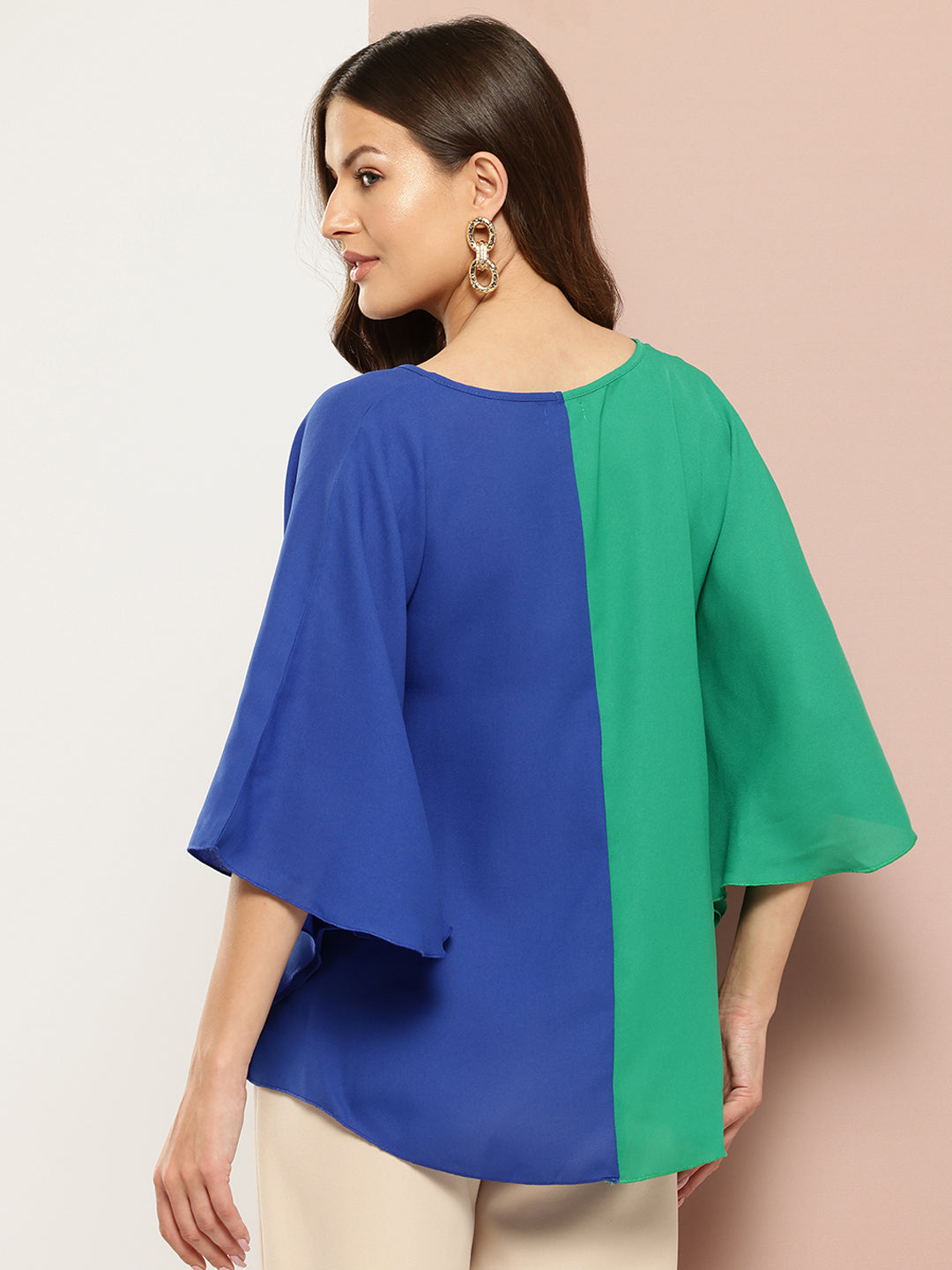 V-Shape Hemline Color Block Kimono Sleeves Top