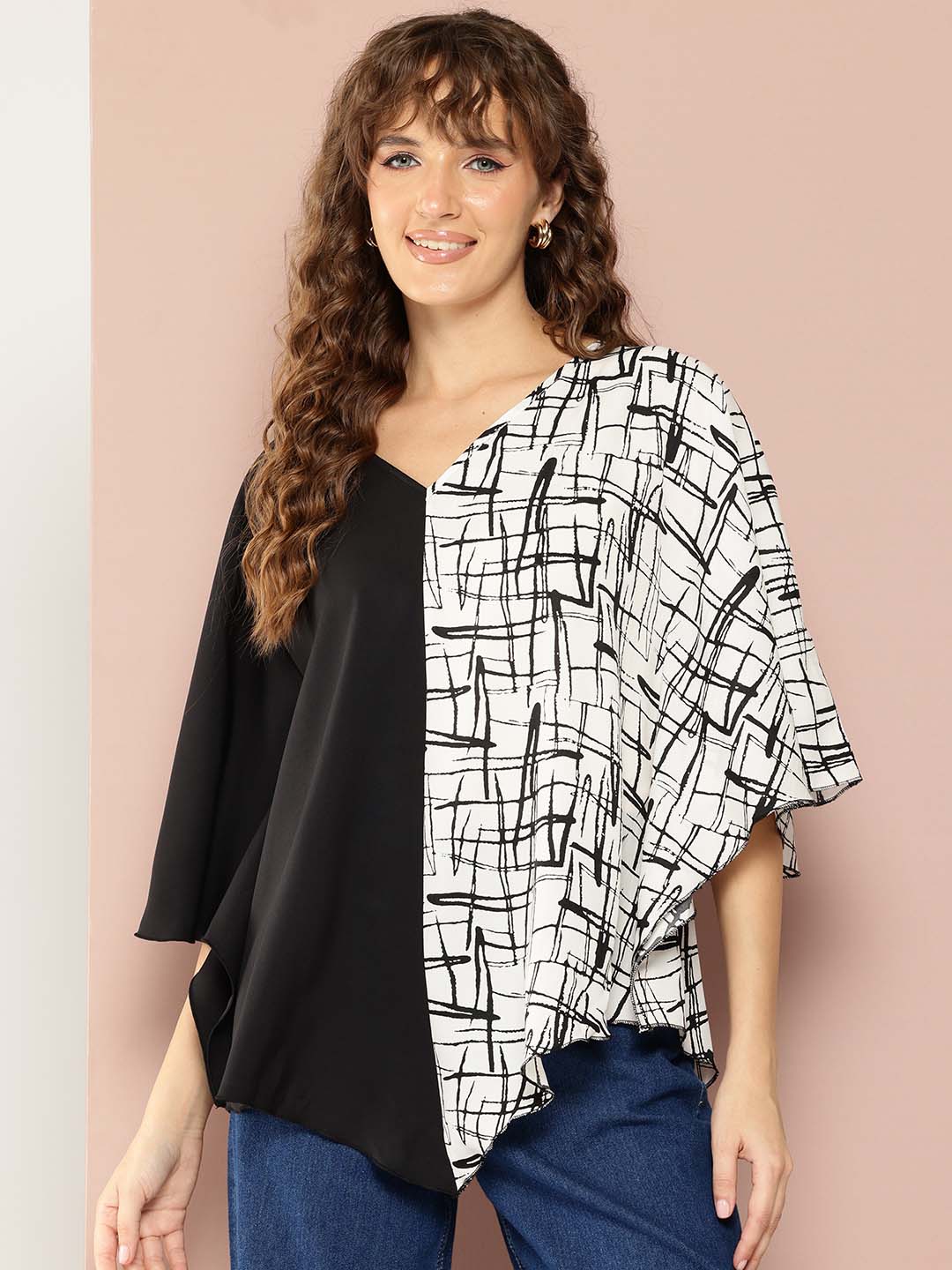 V-Shape Hemline Color Block Kimono Sleeves Top