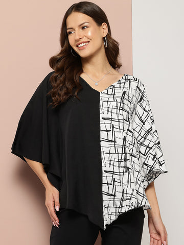 V-Shape Hemline Color Block Kimono Sleeves Top