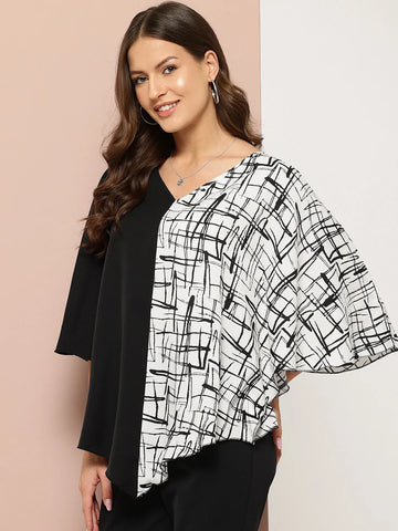 V-Shape Hemline Color Block Kimono Sleeves Top