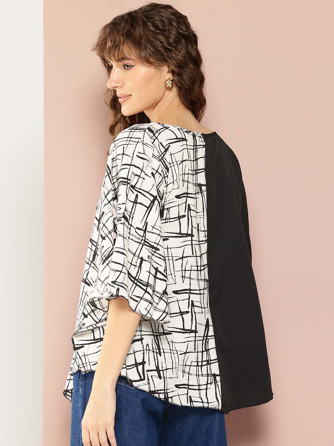 V-Shape Hemline Color Block Kimono Sleeves Top