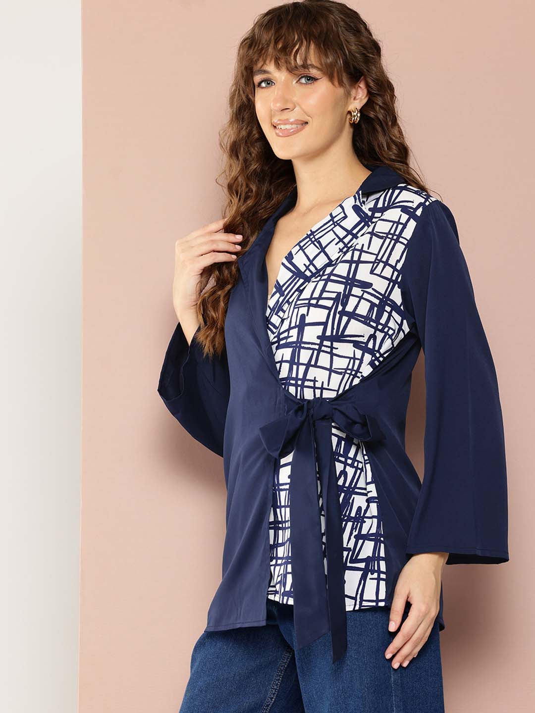 Solid Navy & contrast printed wrap around top