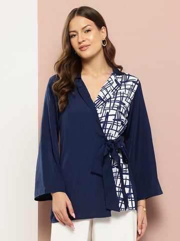 Solid Navy & contrast printed wrap around top