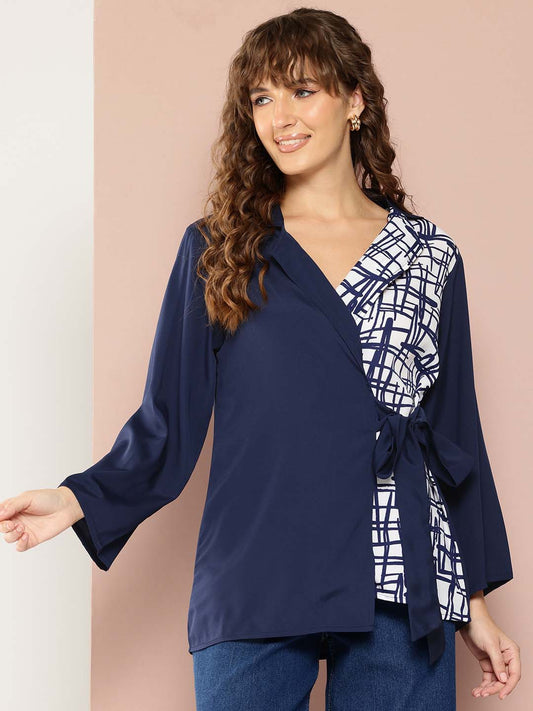 Solid Navy & contrast printed wrap around top