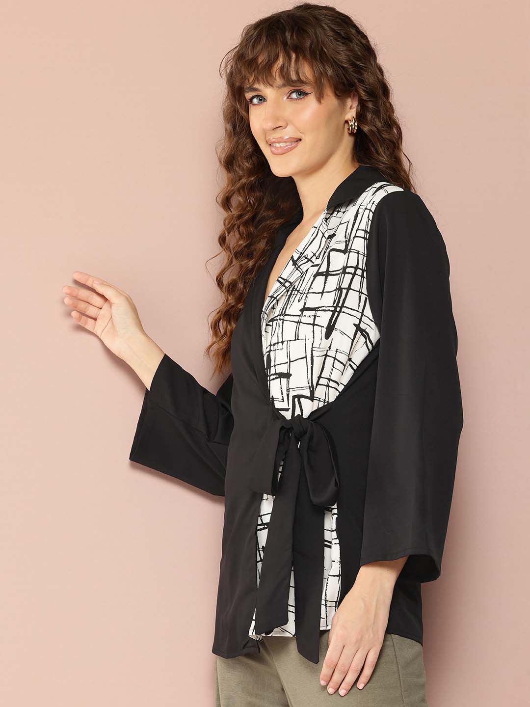 Solid black and printed color blocking wrap around top