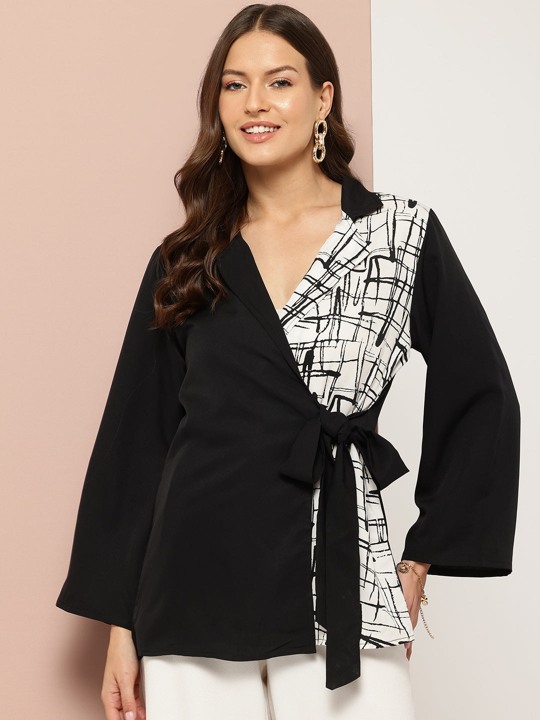 Solid black and printed color blocking wrap around top