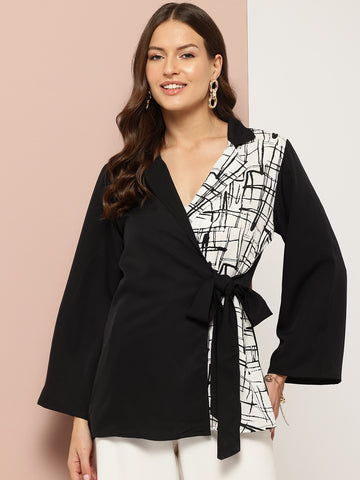Solid black and printed color blocking wrap around top