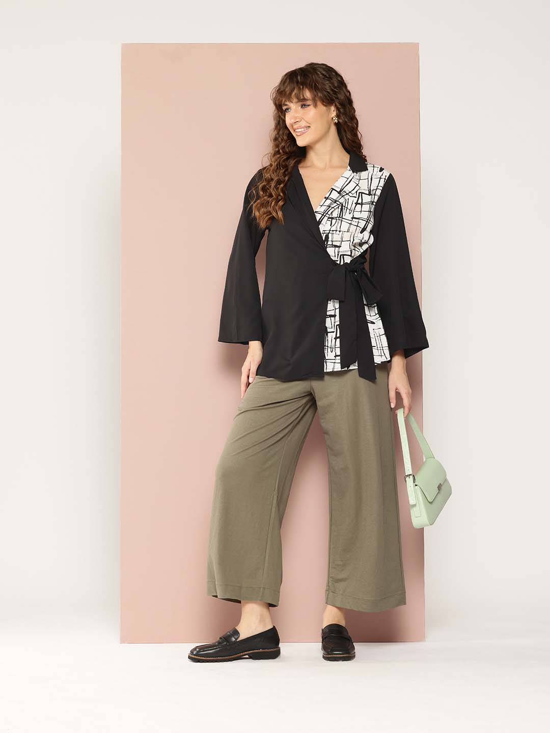 Solid black and printed color blocking wrap around top