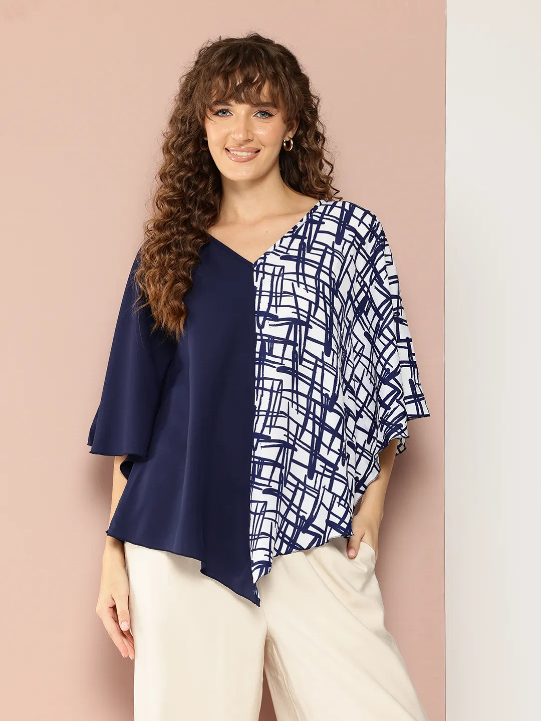V-Shape Hemline Color Block Kimono Sleeves Top