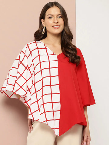 Red and White Checks Color Block Kimono Sleeves Top