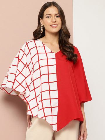 Red and White Checks Color Block Kimono Sleeves Top