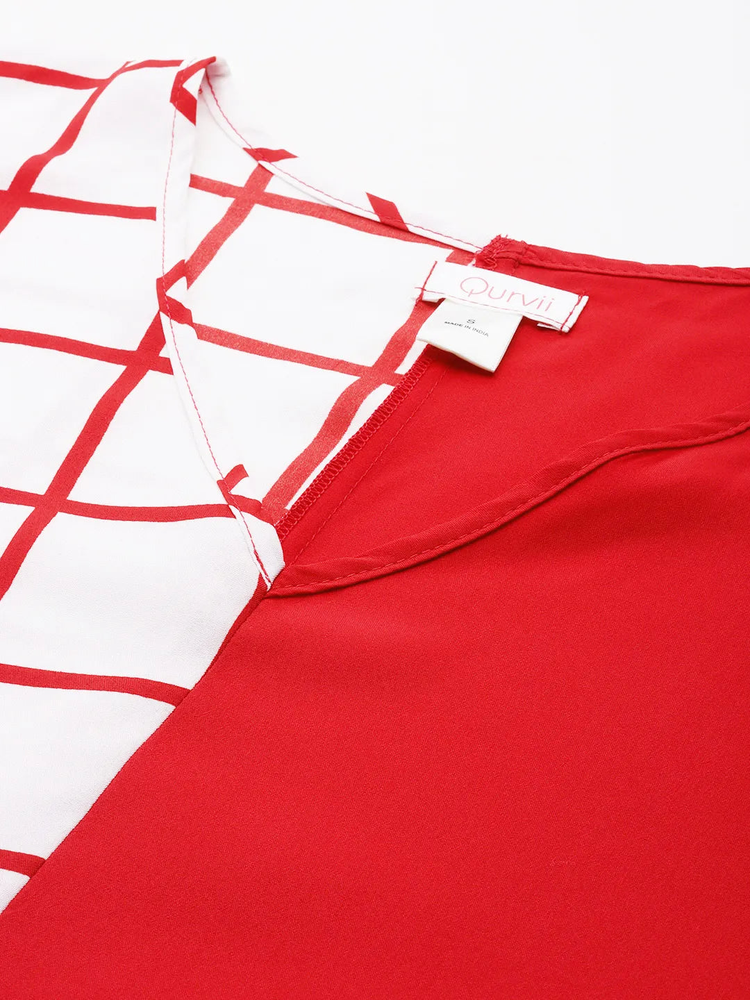 Red and White Checks Color Block Kimono Sleeves Top