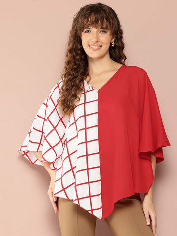 Red and White Checks Color Block Kimono Sleeves Top