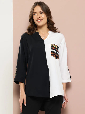 Women's high-low banded collar top with printed patch pocket