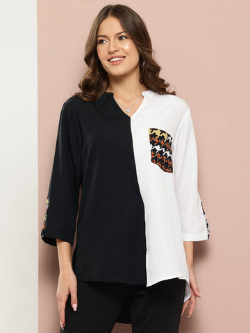 Women's high-low banded collar top with printed patch pocket