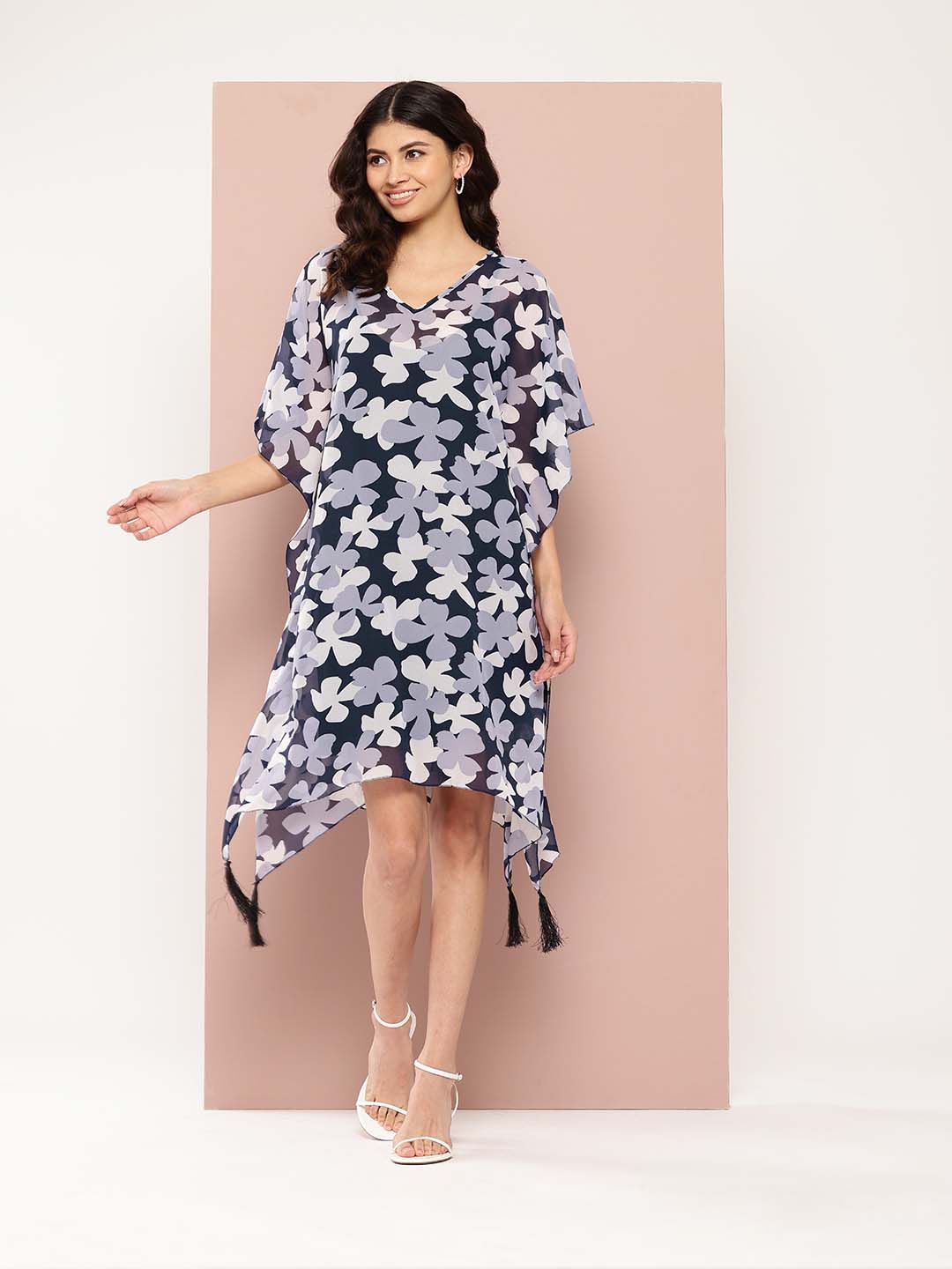 Navy and white floral below knee length kaftan